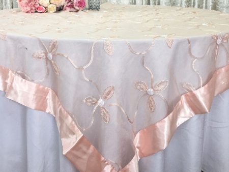 Wedding Event Home Decoration Organza embroidery table overlay w  Satin Trims Peach Online Hot Sale