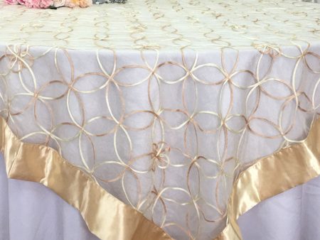 Ivory Gold Wedding Event Home Decoration Organza embroidery table overlay w  Satin Trims Cheap